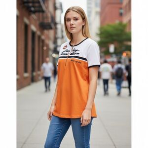 Harley Davidson T-Shirt Top Womens Large 1/4 Zip Tee Casual Orange Short Sleeve